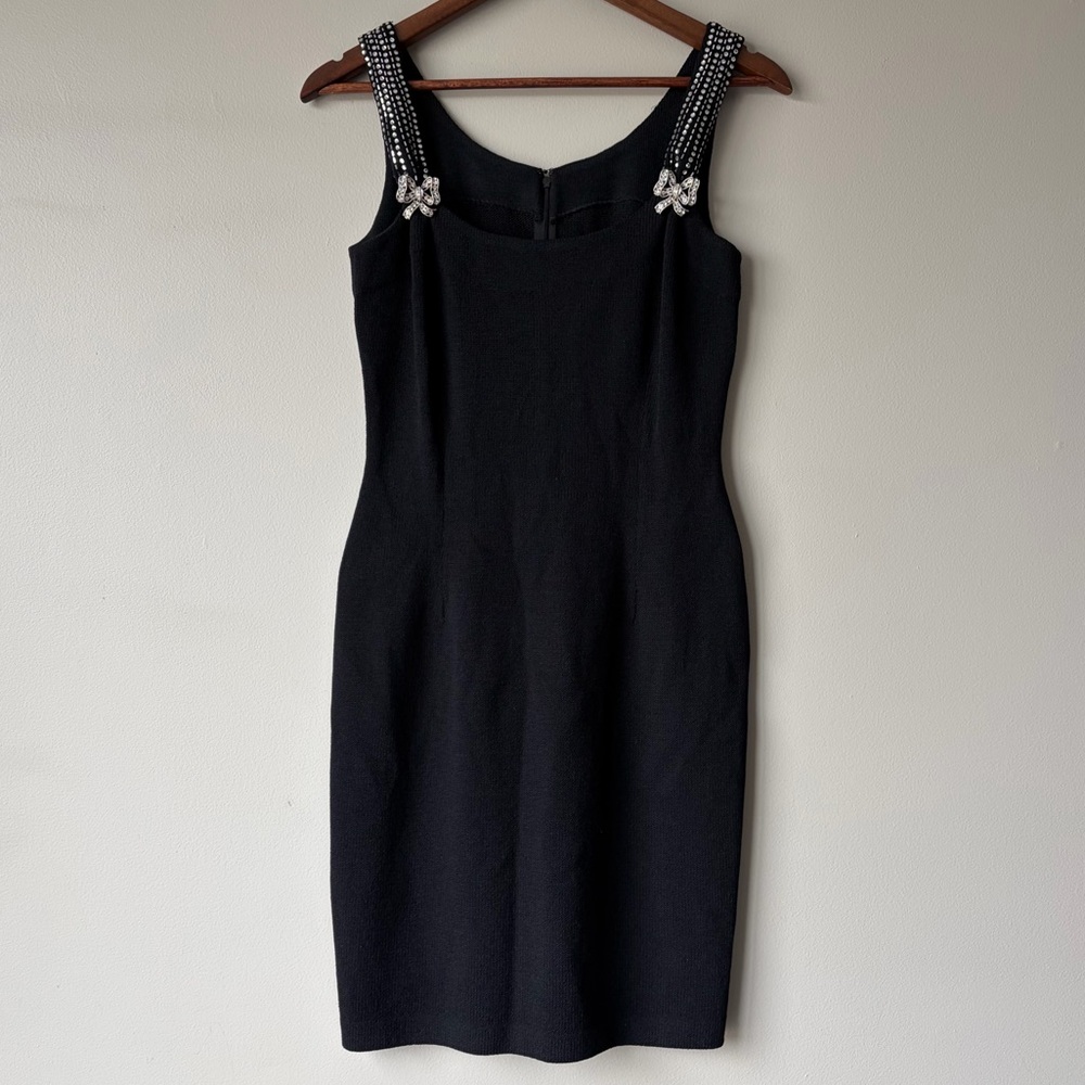 St John Evening Marie Gray Black Knit Rhinestone Strap Bow Sheath Dress 4